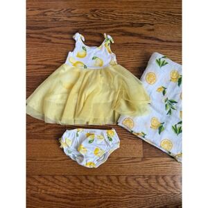 Rene Rofe Baby Lemon Tulle Dress Bloomers & Bambi Bamboo Swaddle Set 0-3M